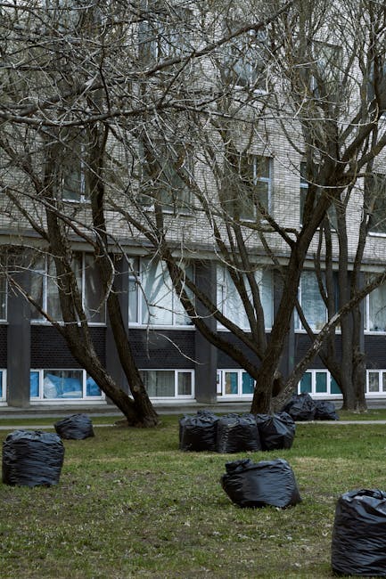 A person standing outdoors on a grassy area is holding open a large black garbage bag lined with a black plastic inner layer, preparing for waste collection. The individual is wearing beige trousers,